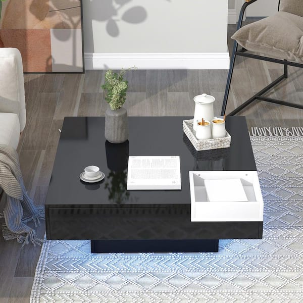 URTR Modern 31.5 in. Black Square Wood Coffee Table with Detachable Tray and Plug-in 16-color LED Strip Lights Remote Control