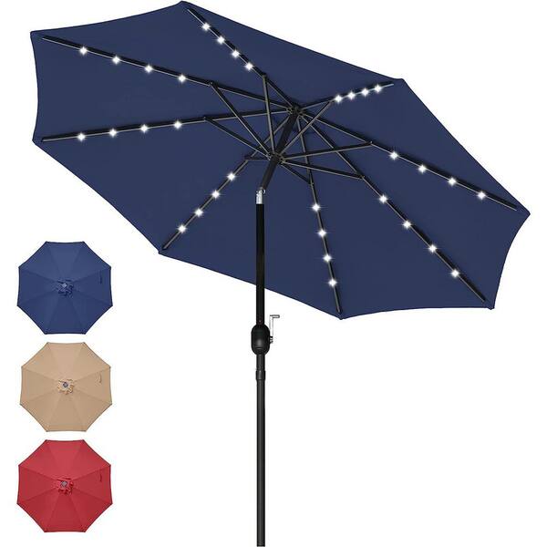 JimsMaison 9 ft. Steel Market Umbrella in Dark Blue with Push Button Tilt and LED lights