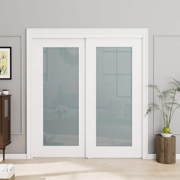 ARK DESIGN 96 in. x 78 in. 1-Lite Tempered Frosted Glass White Finished Solid Core Interior Closet Sliding Door with Hardware