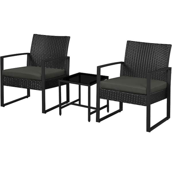 Unbranded Black 3-Piece Wicker Outdoor Bistro Set with Washed Gray Cushion