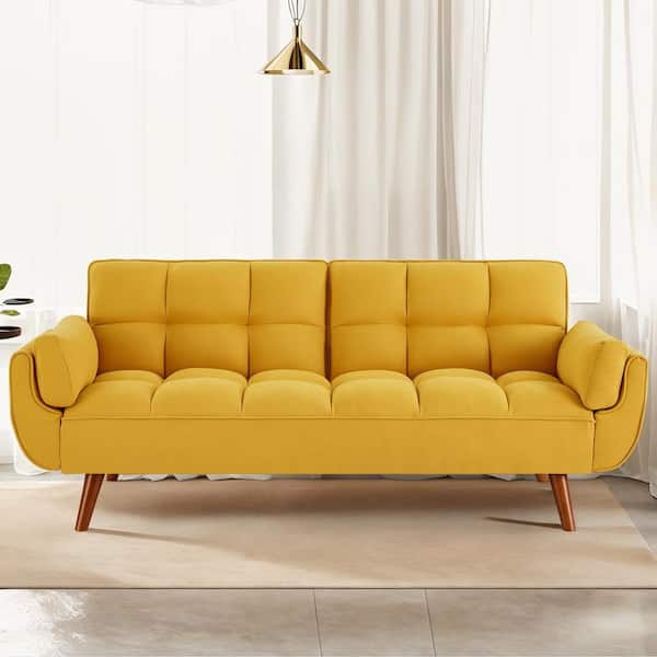 Mydepot 32.88 in. W Yellow Linen 2-Seat Futon Convertible Upholstered Sofa Bed Sleeper with Pillow Top Armrests
