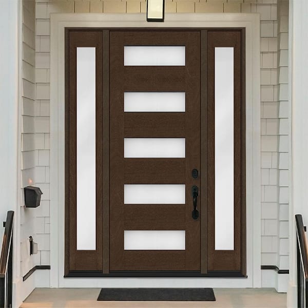 Regency 68 in. x 96 in. 5L Modern Frosted Glass LH Hickory Stain Mahogany Fiberglass Prehung Front Door w/Dbl 14in.SL