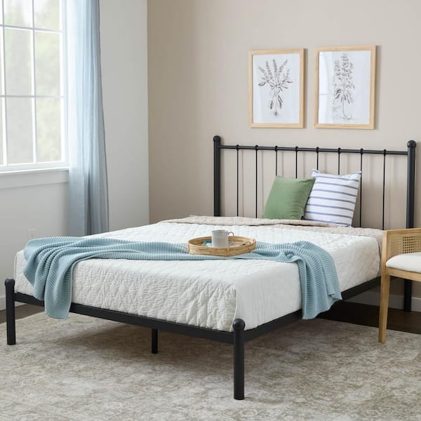Brookside Phoebe Black Metal Frame Queen Platform Bed with Vertical Bar Headboard and Round Accents