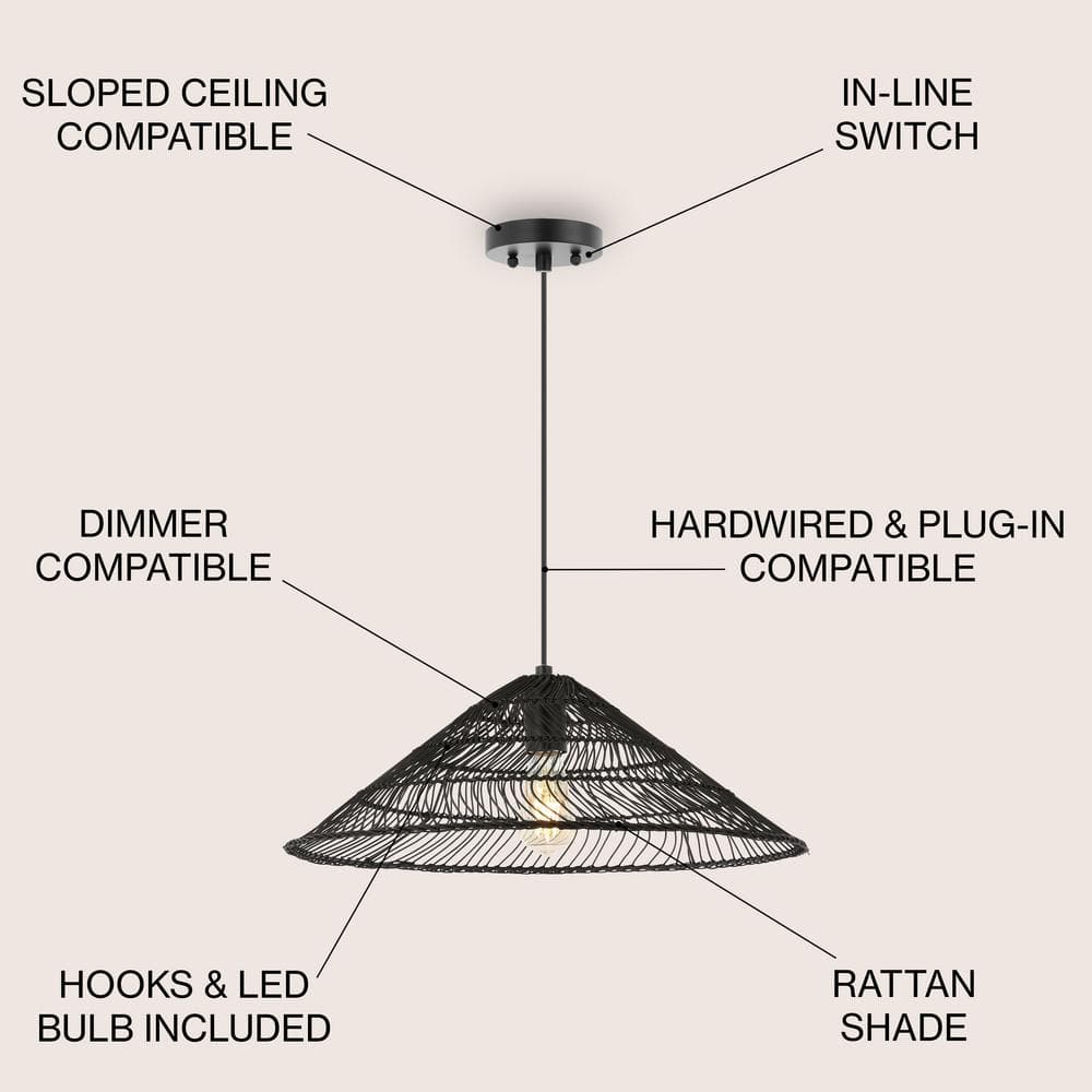 Nova 20.25" Black Rattan Cone LED Pendant with Adjustable Cord
