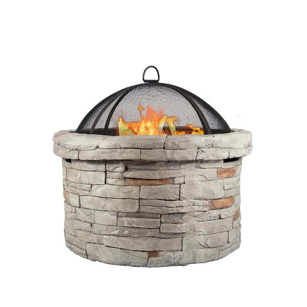 Sireck 27 in.W X 20 in.H Outdoor Stone And Steel Wood Cement Grey Fire Pit