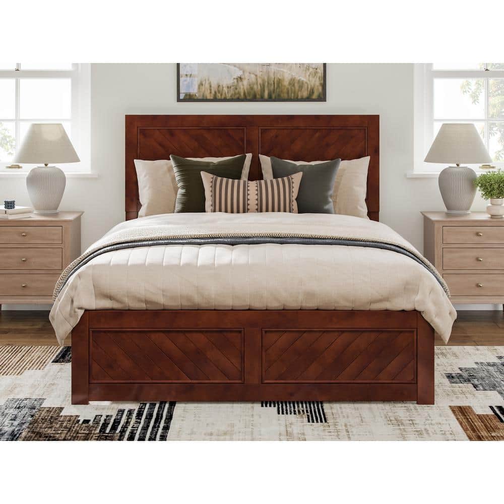 Canyon Walnut Wood Queen Bed Frame with Chevron Headboard