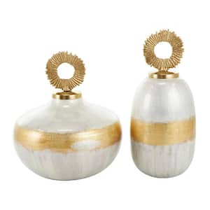 White Metal Abstract Brushed Decorative Jars with Gold Detailing and Ring Handles (Set of 2)