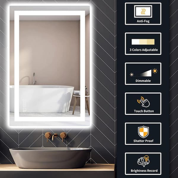 28 in. W x 36 in. H Frameless Rectangular Anti-Fog LED Light Bathroom  Vanity Mirror with Backlit and Front Light