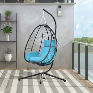 Indoor and Outdoor Metal Patio Swing Chairs with Brackets, Egg Chairs, Hanging Basket Chairs, with Blue Cushion