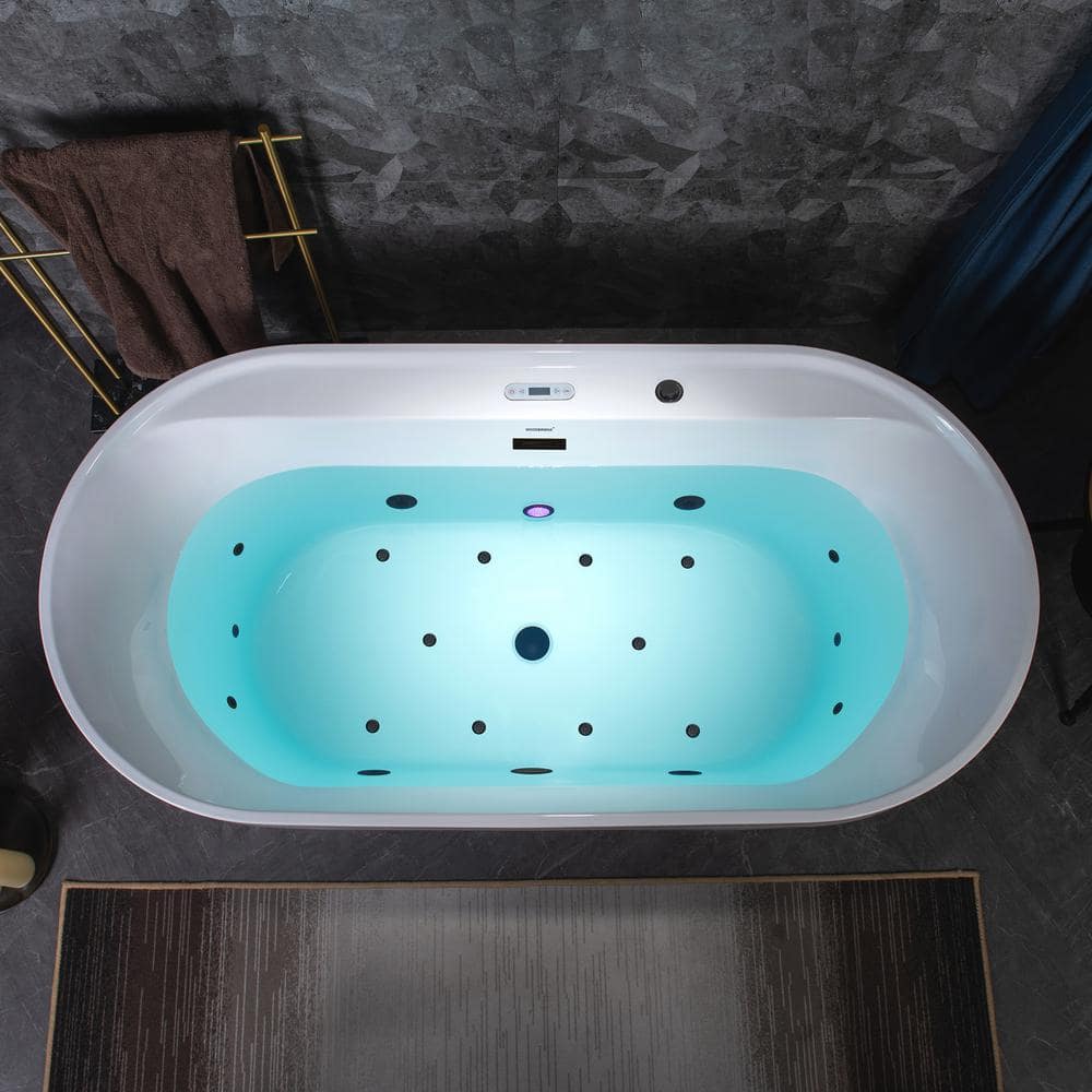 72" White Acrylic Freestanding Whirlpool Tub with Matte Black Trim