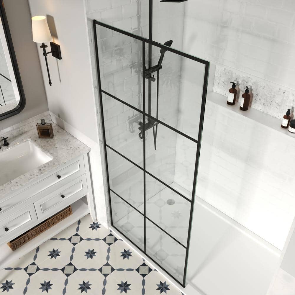 30" Matte Black Frameless Fixed Shower Door with Clear Glass