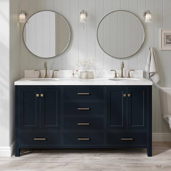 ARIEL Cambridge 66 in.W x 22 in.D x 36 in.H Double Rectangle Sink Bath Vanity in Midnight Blue with Carrara White Quartz Top