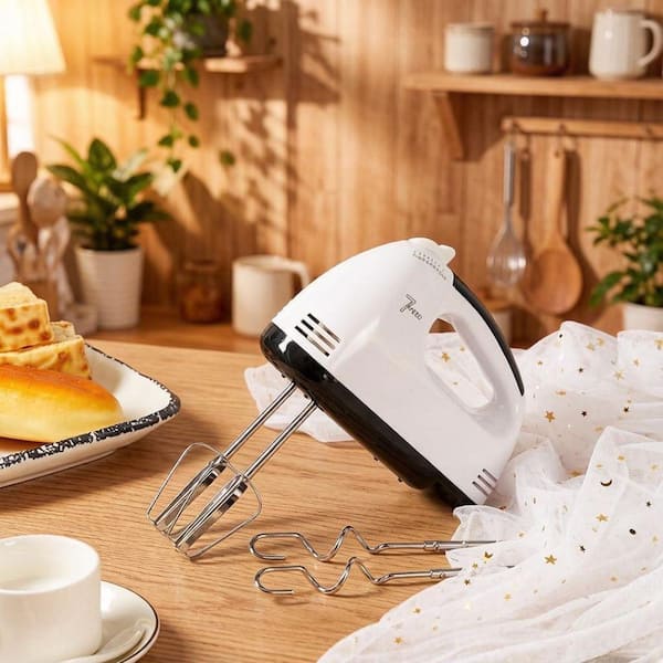 Wudkey Electric Hand Mixer, 7-Speed 180W Handheld Mixer with 5 Stainless Steel Accessories, Turbo Boost and Eject Button, White