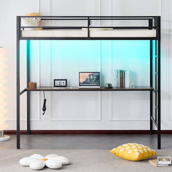Karl home Rustic Brown Desk Twin Metal Loft Bed Frame with Wood Color Desk and LED Lights, Charging Station