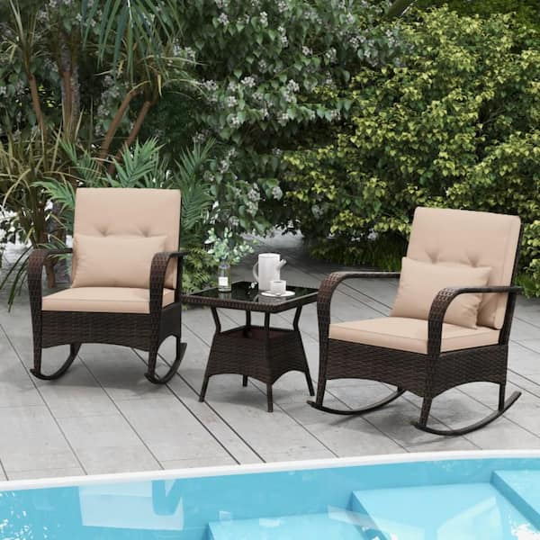Clihome 3-Piece Wicker Outdoor Patio Conversation Rocking Set with Tempered Glass Coffee Table and Brown Cushions