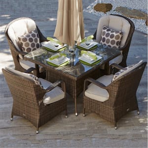 5-Piece Brown Rattan Wicker Outdoor Dining Set with Beige Cushions