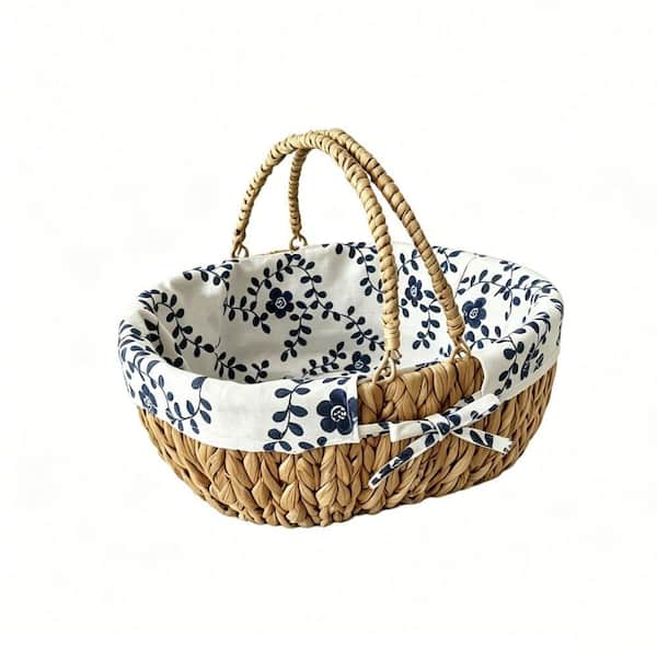 Handwoven Water Hyacinth Oval Picnic Basket with Removable Lining, Blue and White, Medium 13 x 10.5 x 6.2 Inches