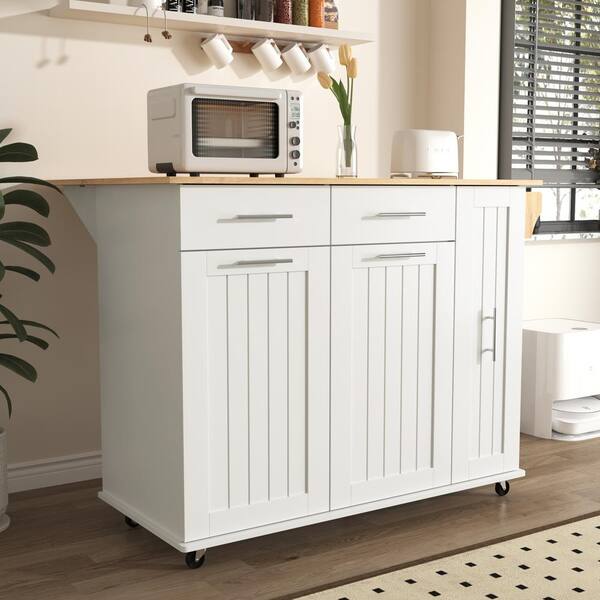 Nestfair White Wood 46 in. Kitchen Island with 3 Tier Pull Out