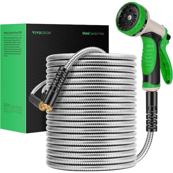 VIVOGROW 5/8 in. Dia. x 75 ft. Stainless Steel Water Hose with Brass Fittings and 10 Function Nozzle