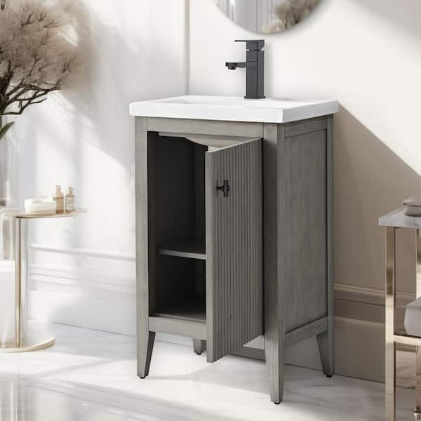 20 in. W x 15.7 in D x 34 in. H Single Sink Bathroom Vanity Cabinet in Linear Driftwood Gray with White Ceramic Top