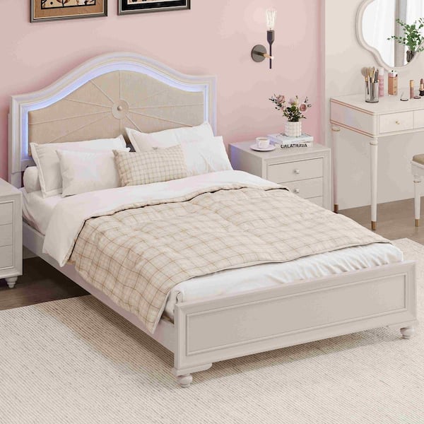Polibi Gray Wood Frame Full Platform Bed with Hidden LED Light Upholstered Curved Headboard