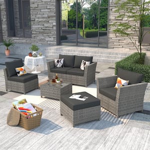 Bexley Gray 6-Piece Wicker Patio Conversation Seating Set with Black Cushions