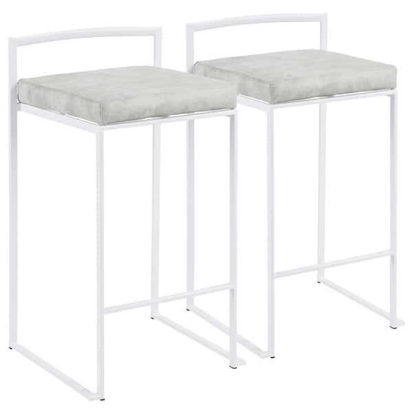 Lumisource Fuji 26 in. White Stackable Counter Stool with Light Grey Cowboy Fabric Cushion (Set of 2)