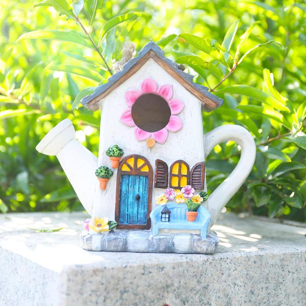 Multi-Colored Resin Watering Can Hanging Bird House with Flower Design