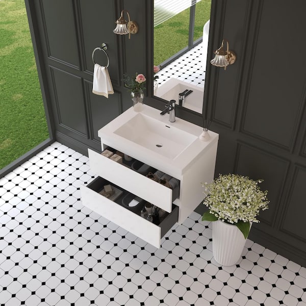 30 in. Single Sink Floating Glossy White Bath Vanity with White Resin Top Assembled