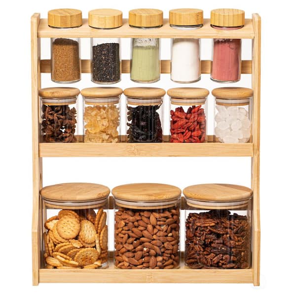 Unbranded Versatile 3-Tier Bamboo Spice Rack and Pantry Organizer with 13 Glass Jars
