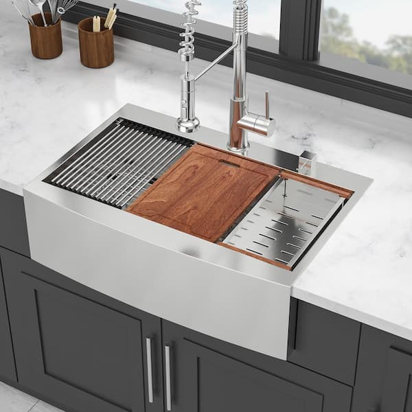 36 in. Farmhouse Single Bowl 16-Gauge Brushed Nickel Stainless Steel Kitchen Sink with Workstation