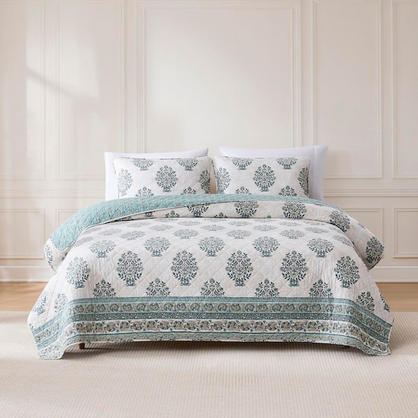 Sofia Flower Block Bouquet Reversible 3-Piece Teal Cotton Full/Queen Quilt Set