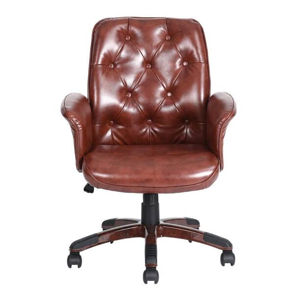 sumyeg Glossy Brown PU Cover Tufted Upholstered Computer Swivel Executive Chair Arm Chair Adjustable Office and Desk Chair