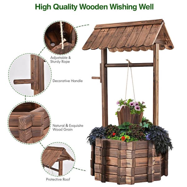 Costway Outdoor Wooden Wishing Well Bucket Planter, Brown Costway Outdoor Wooden Wishing Well Bucket Planter, Brown