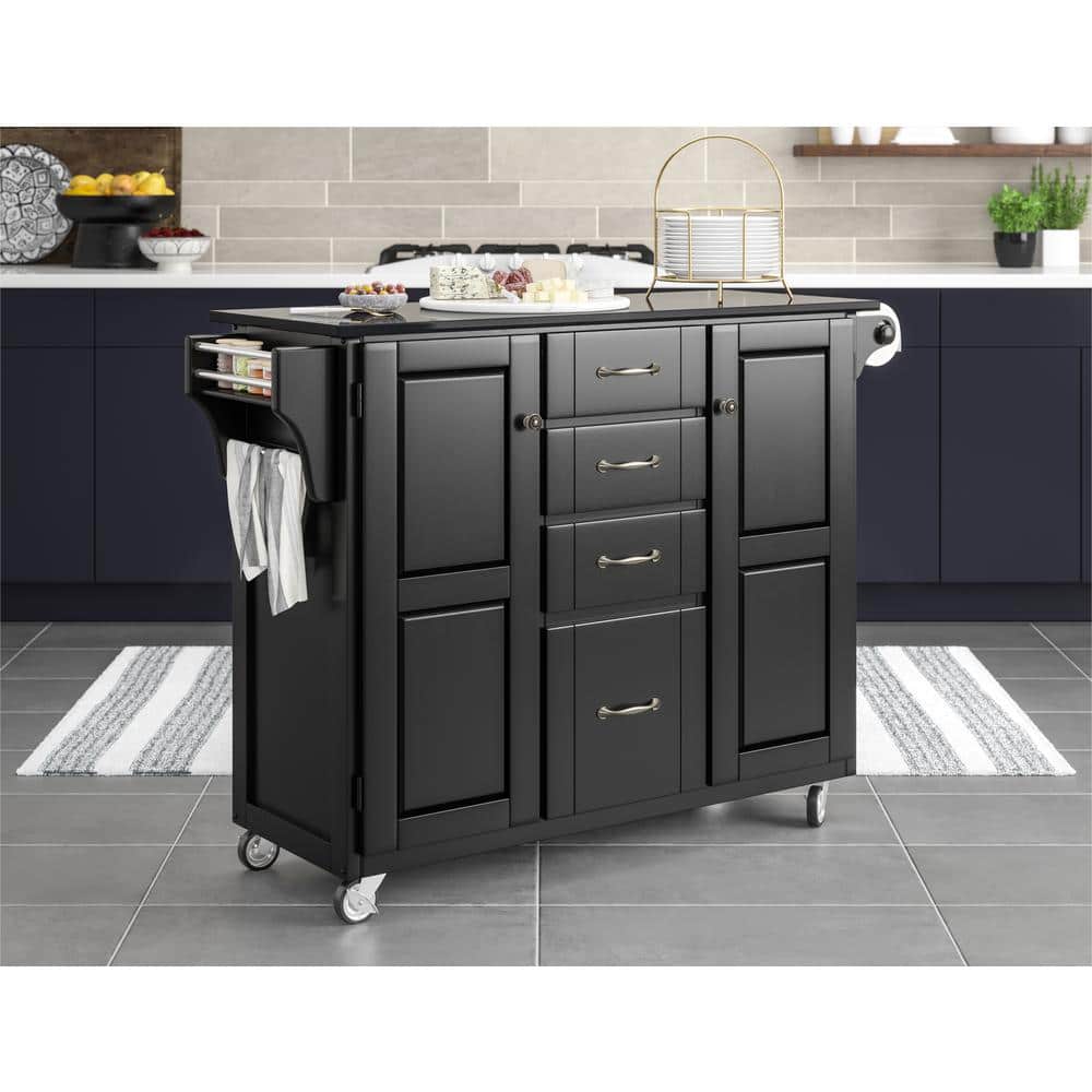 Black Granite Top Kitchen Cart with Storage and Spice Rack