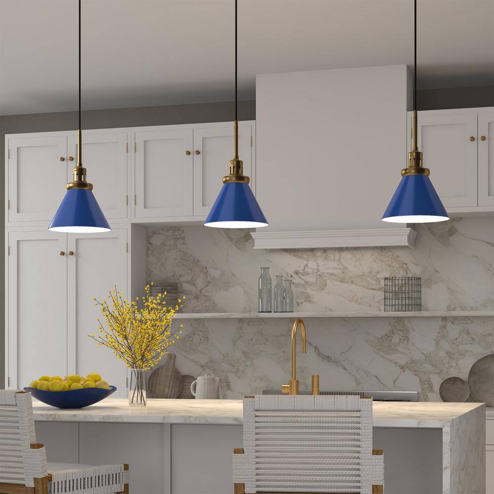 Blue and Brass 8" Industrial Metal Pendant Light