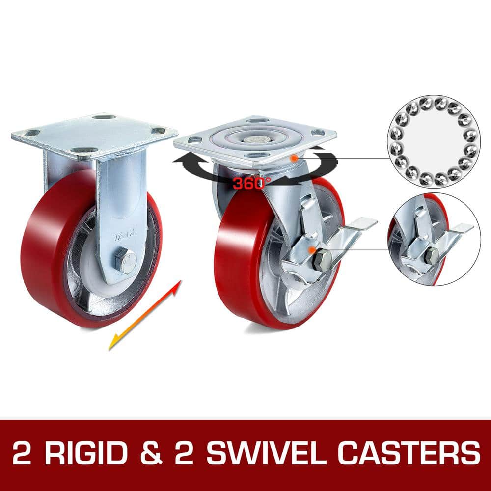 Heavy Duty 6" Polyurethane Swivel and Rigid Casters with Brake