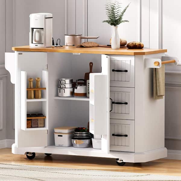 Unbranded A White Kitchen Cart with a Folding Board Covered with Rubber Wood Veneer and a Storage Cabinet with Six Drawers