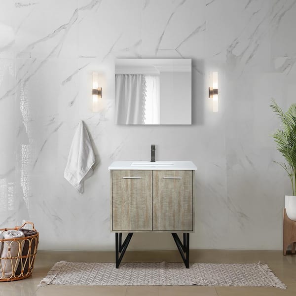 Lexora Lancy 30 in W x 20 in D Rustic Acacia Bath Vanity, White Quartz Top, Gun Metal Faucet Set and 28 in Mirror