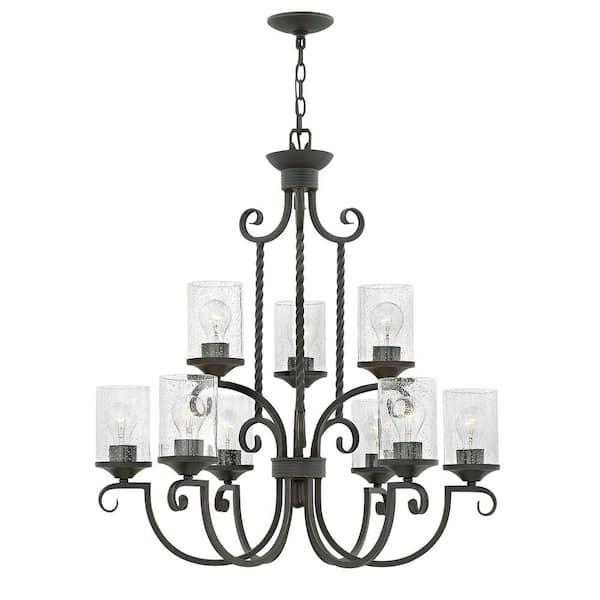 HINKLEY Casa 9-Light Olde Black With Clear Seedy Glass Shaded Chandelier
