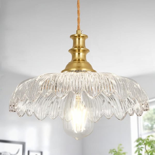 Jasslynn 60W 11.8 in. 1 Light Gold Pendant Light with Flower-Shape Glass Shade, Modern Mid-Century Hanging Island Light