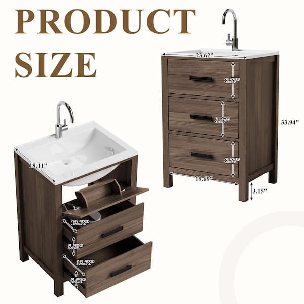24 in. Dark Brown Wood Single Sink Freestanding Bath Vanity with White Resin Top