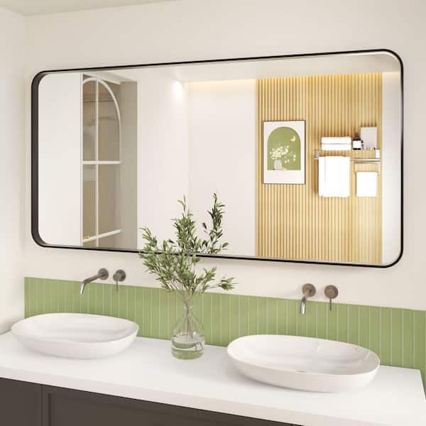 72 in. W x 36 in. H Rectangular Aluminum Framed Wall Bathroom Vanity Wall Mount Mirror in Black