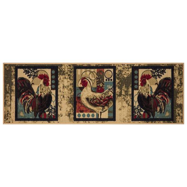 Ottomanson Siesta Kitchen Collection Non-Slip Rubberback Rooster Design 2x5 Kitchen Rug, 1 ft. 8 in. x 4 ft. 11 in., Beige Rooster
