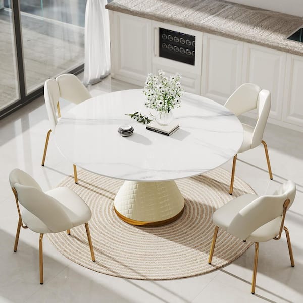 59 in. White Sintered Stone Round Top Pedestal White Metal Base Dining Table (Seats 8)