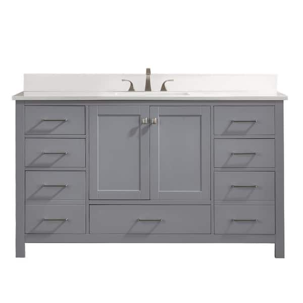 YASINU YN10 60 in. W x 21.5 in. D x 39.5 in. H Bathroom Vanity in Grey with Quartz Stone White Top Porcelain Rectangle Sink