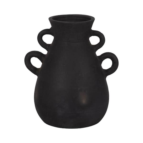 Liv & Skye 12 in. Black Ceramic With 4 Handles Decorative Vase