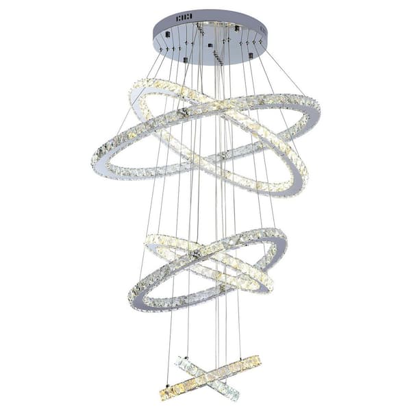 OUKANING 6-Light 3-Color Integrated LED Silver Modern Crystal Tiered Chandelier with Adjustable Height for Dining Living Room
