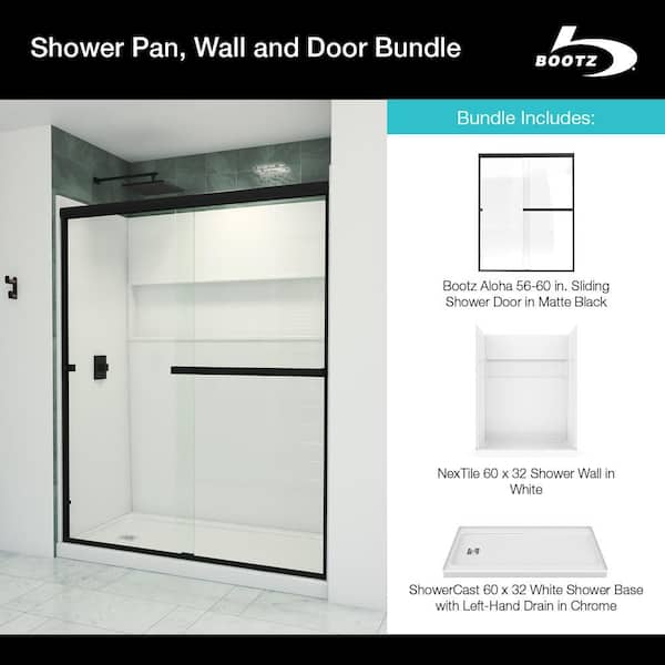 Aloha ShowerCast 60 in. x 32 in. Left Shower Pan, NexTile 60 in. x 32 in. Shower Wall and Matte Black Shower Door Kit Bootz Industries