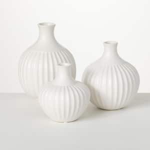 9.5", 8", and 6.5" Ribbed White Bottle Ceramic Vase (Set of 3)